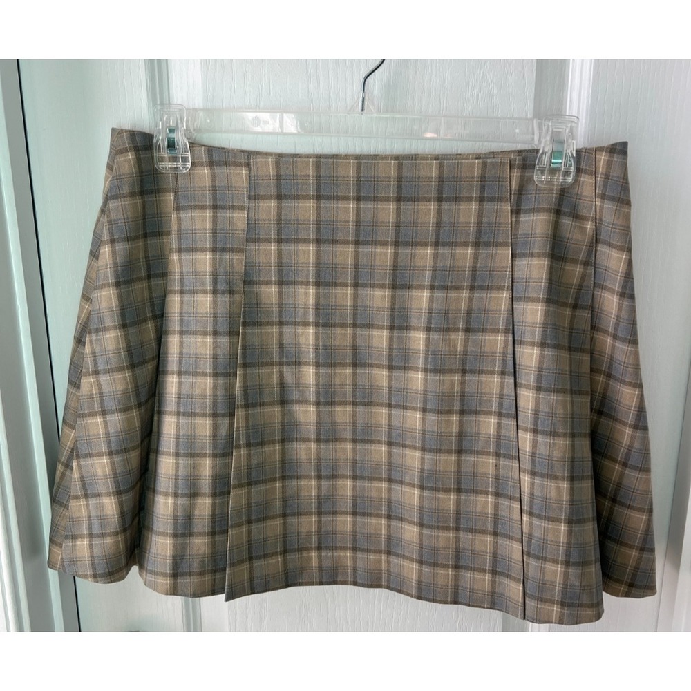 Avec Les Files Womens Skirt Beige Gray‎ Plaid High Waist Mini Academia Size 16